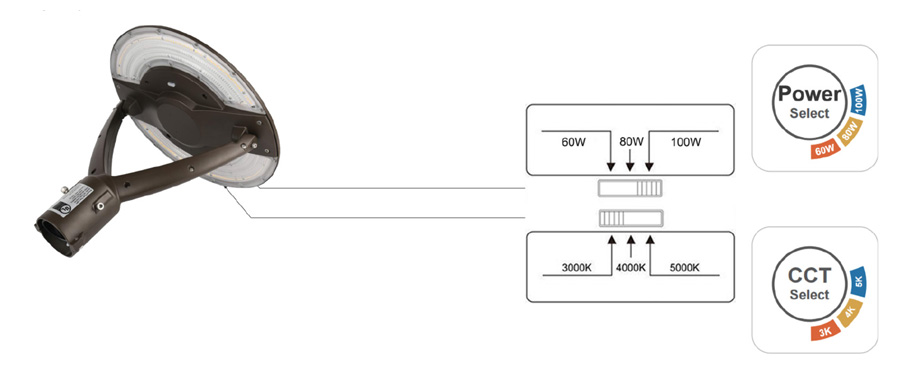 LED post top fixture power and CCT switchable