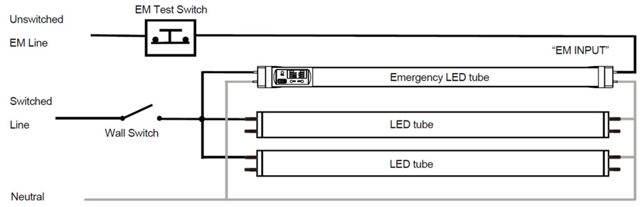 Emergency LED tube installed with normal LED tube double end