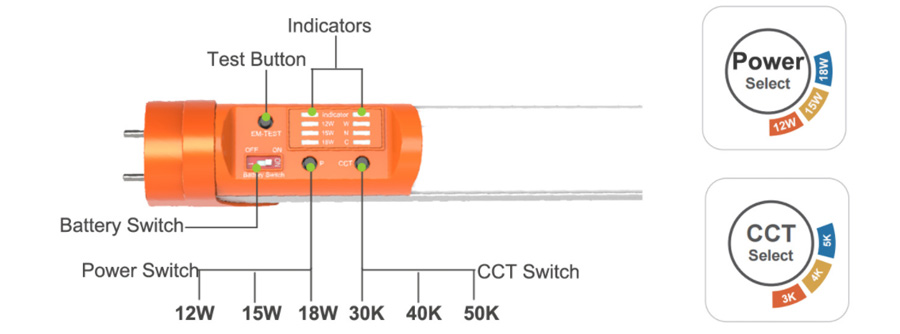 Emergency LED tube power and CCT switchable