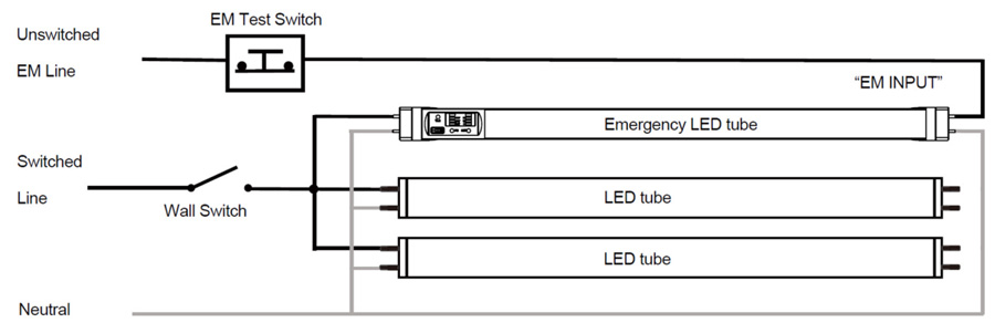 Emergency led tube installed with normal LED tube single end