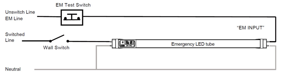 Single emergency LED tube installation